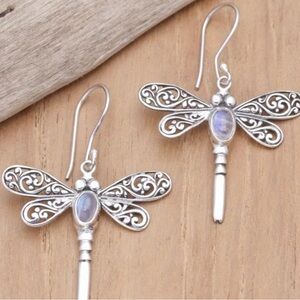 Sterling Silver Dragonfly Drop Earrings with Moonstone Accent - Silver